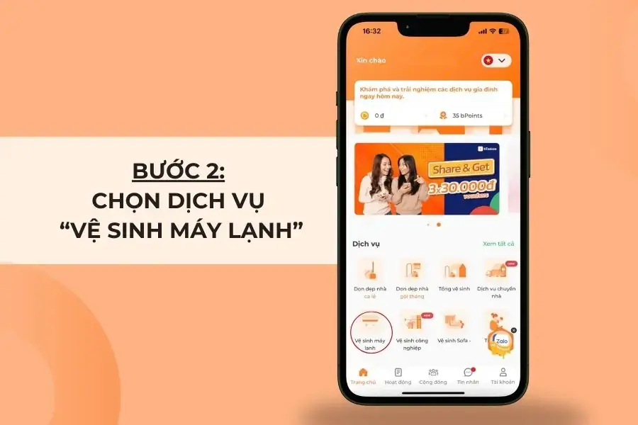 Chọn “dịch vệ sinh máy lạnh” trên màn hình.