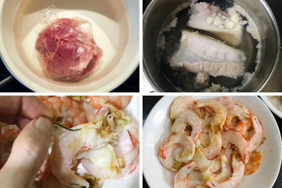 Luộc thịt heo, tôm rồi cắt mỏng, chuẩn bị cuốn gỏi.