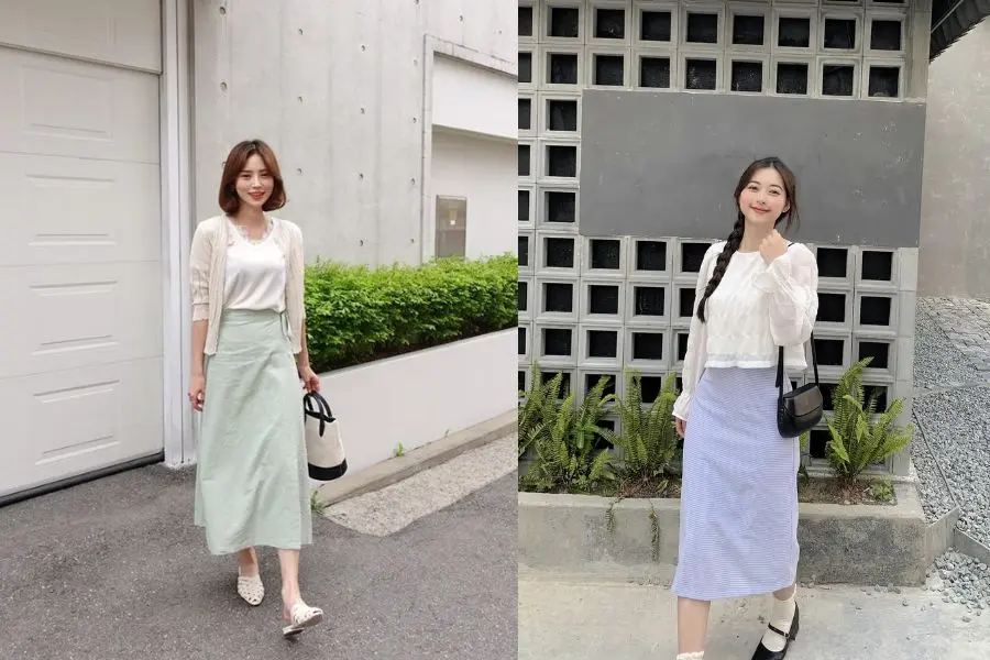 Chân váy midi phối cùng áo baby tea xinh xắn.