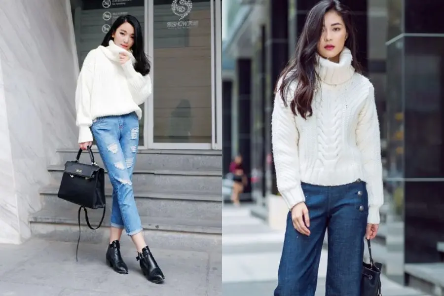 Áo len màu trắng tinh khôi mix với quần jeans xanh nổi bật.
