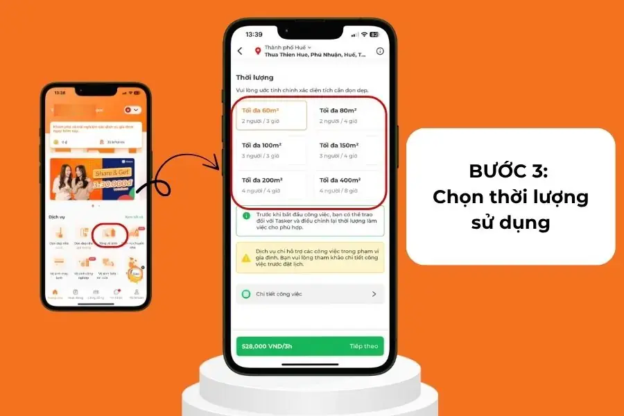 Chọn thời lượng diện tích cần dọn dẹp.