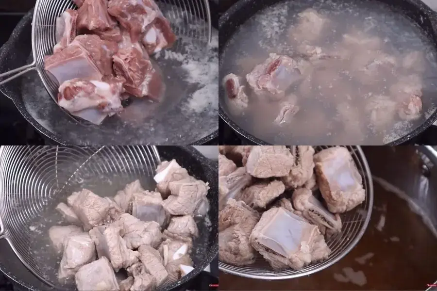 Các công đoạn hầm sườn heo cho nước dùng Bánh đa cua
