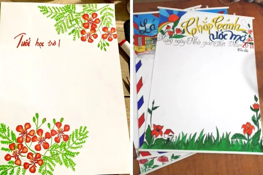 Mẫu trang trí báo tường trên giấy a4 20 11 vẽ tay hình ảnh hoa phượng đỏ (trái) và không gian trường học gần gũi (phải).