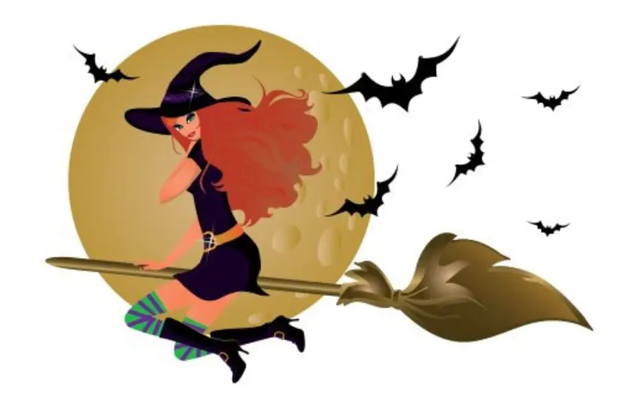 Mẫu decal dán kính hình phù thủy cưỡi trăng trang trí halloween.