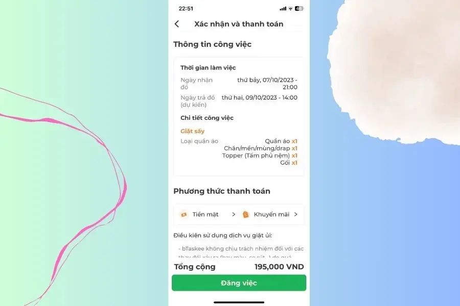 Bấm “Đăng việc” để sử dụng dịch vụ giặt ủi bTaskee.
