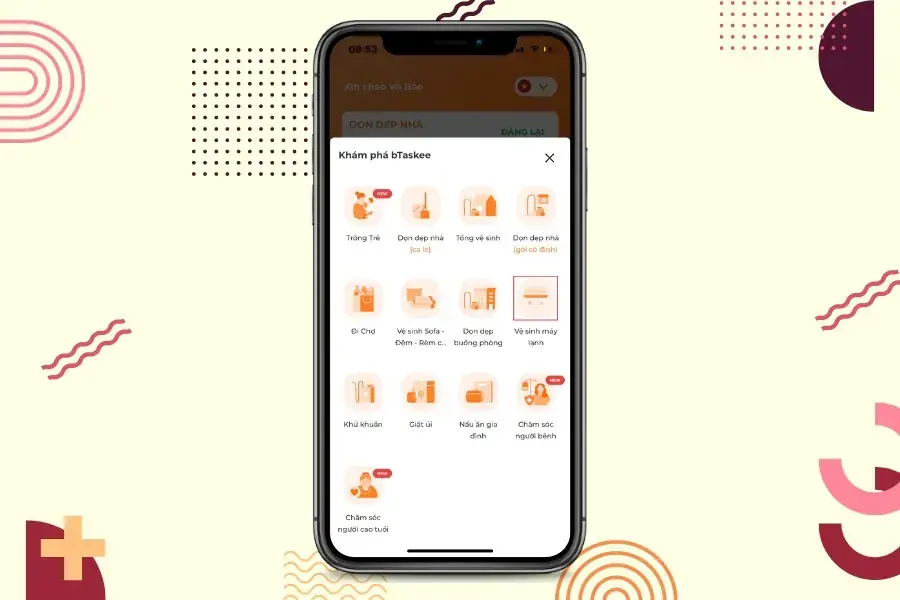 Chọn dịch vụ vệ sinh máy lạnh trên giao diện app bTaskee