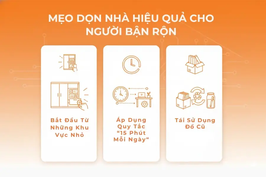 Các mẹo dọn nhà hiệu quả dành cho người bận rộn theo chuẩn kiểu nhật.