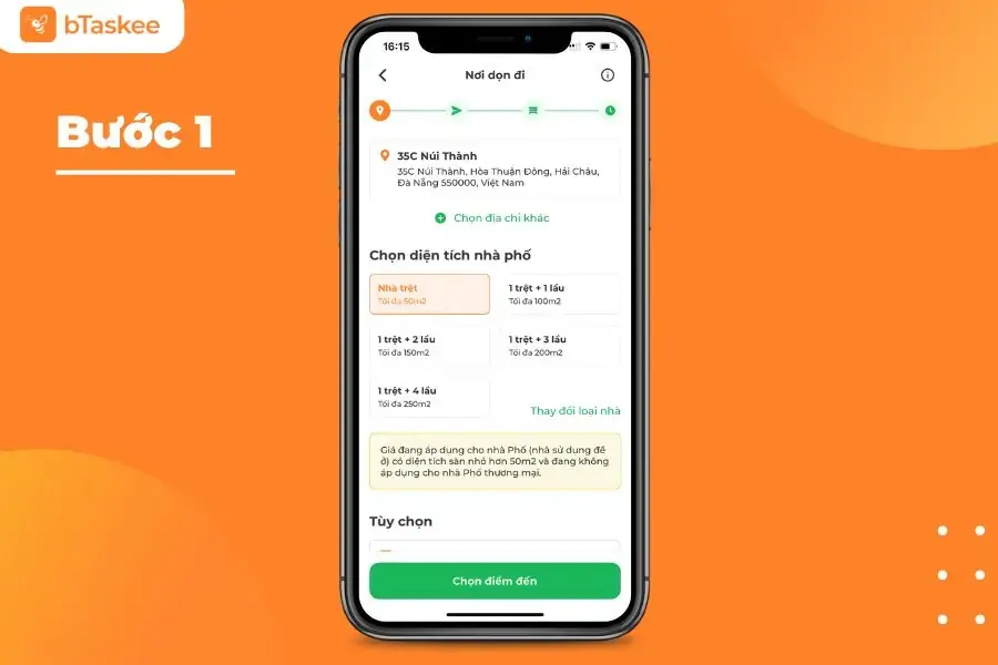 Mở app bTaskee, chọn dịch vụ vận chuyển và chọn nơi đi.
