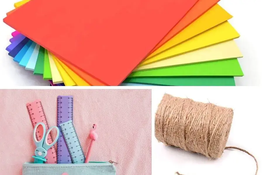 Vật Liệu làm đèn Trung Thu hình đốm lửa gồm 9 tờ giấy màu A4, cây kéo, cây thước, vv….