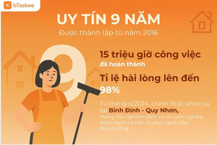 Dịch vụ tổng vệ sinh bTaskee uy tín với 9 năm hoạt động.