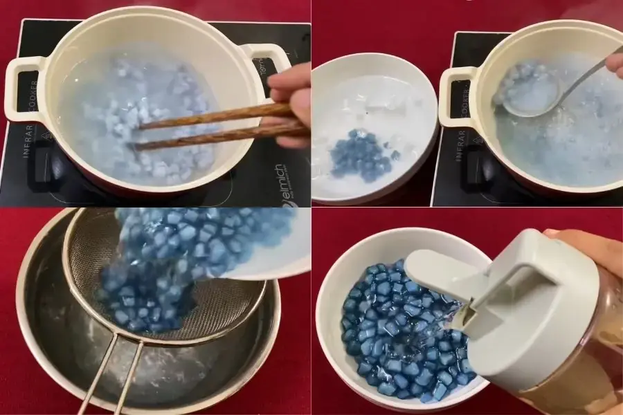 Sau khi luộc thì vớt ra ngâm nước đá và ngâm với nước đường cho thạch củ năng được ngon giòn hơn