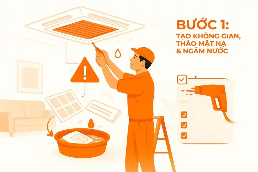 (Hình minh họa) Tháo mặt nạ máy lạnh âm trần.