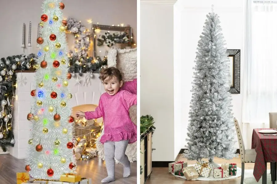 Cây thông Noel bằng dây kim tuyến bạc, decor xinh xắn.