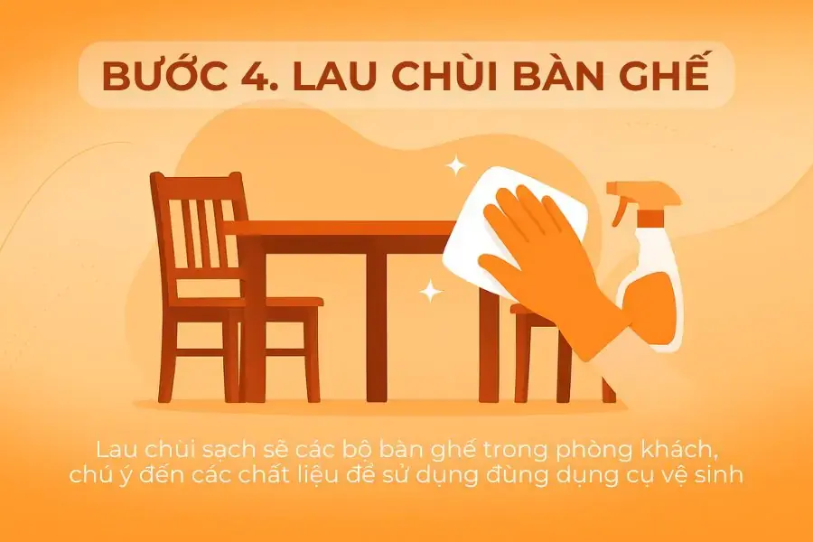 Bước 4: Lau chùi bàn ghế.