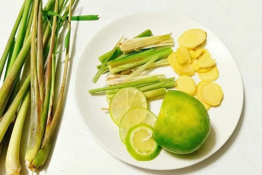 Nguyên liệu nấu nước chan sả gừng gồm: sả đập dập, chanh cắt lát, gừng và đường phèn.