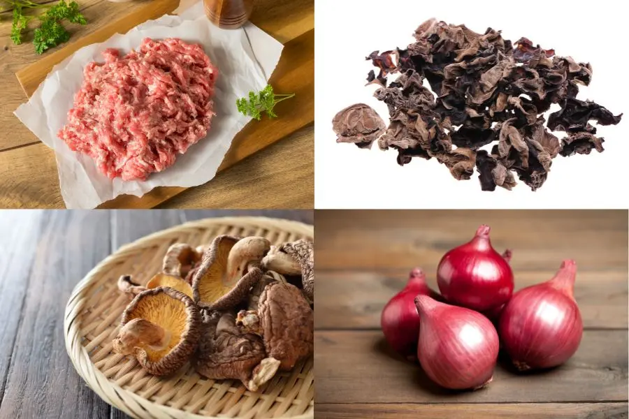 Nguyên liệu phần nhân bánh đúc mặn miền Bắc gồm 300gr thịt heo xay, vv…