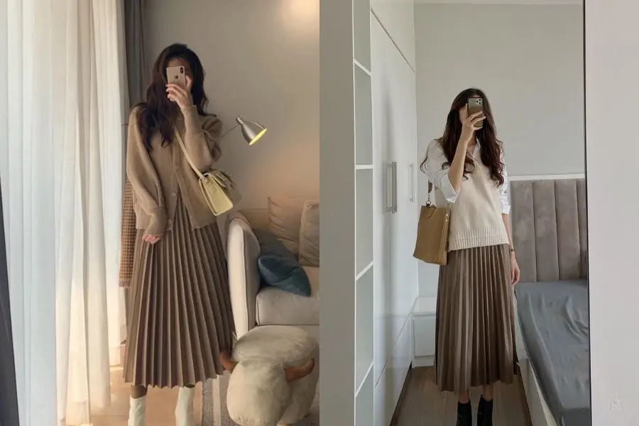 Bạn nên chọn các gam màu trung tính để phối giữa áo và váy xếp ly.