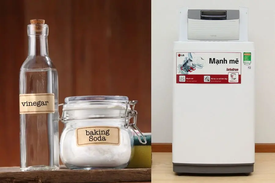 Sử dụng giấm trắng và baking soda để vệ sinh lồng máy giặt.
