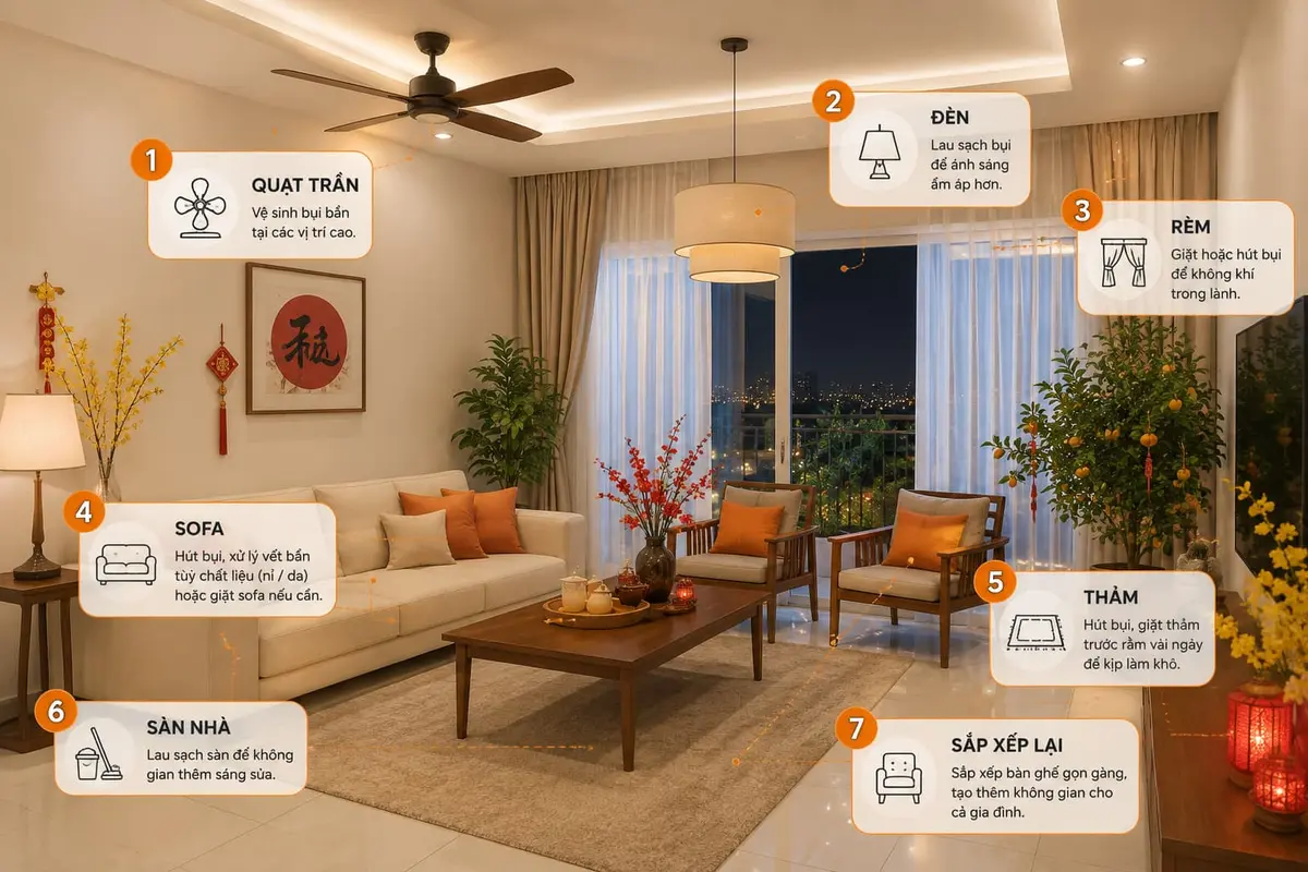 Gia đình nên dọn phòng khách từ trên xuống dưới, rồi sắp xếp lại bàn ghế để có thêm không gian đoàn viên.
