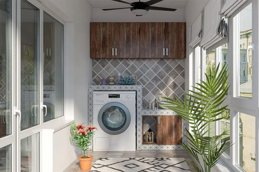 Thiết kế tủ để máy giặt ngoài ban công được làm từ gạch.