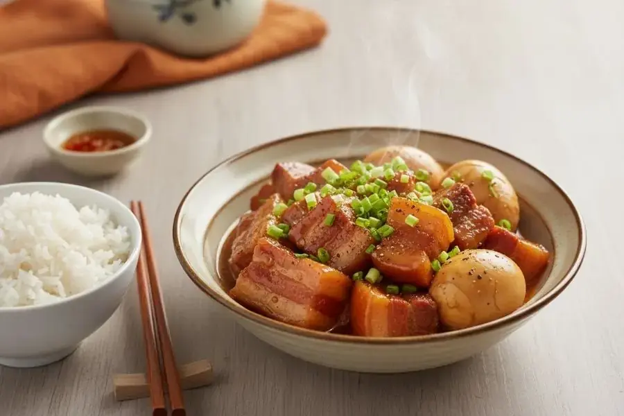 Thịt kho trứng cút thấm vị, màu cánh gián đẹp mắt.