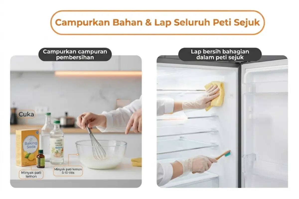 Sediakan campuran larutan dan bersihkan keseluruhan bahagian dalam peti sejuk.