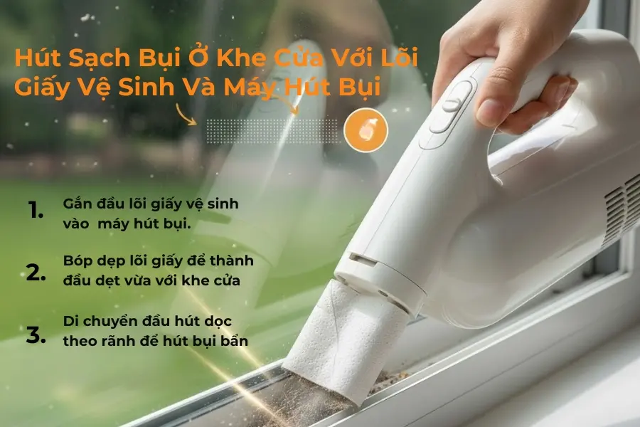 Dùng máy hút bụi và đầu lõi giấy vệ sinh để hút bụi khung cửa.