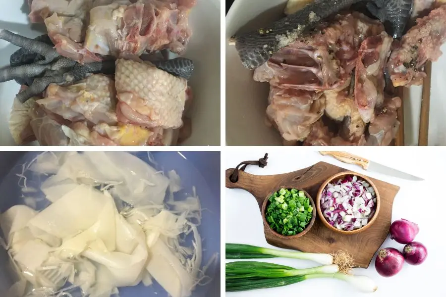 Thịt gà rửa sạch, ướp gia vị, măng chua luộc sạch, tước miếng nhỏ.