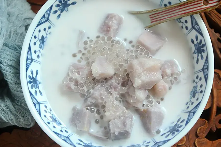 Thành phẩm thơm ngon, ngọt bùi khoai môn và bột báng