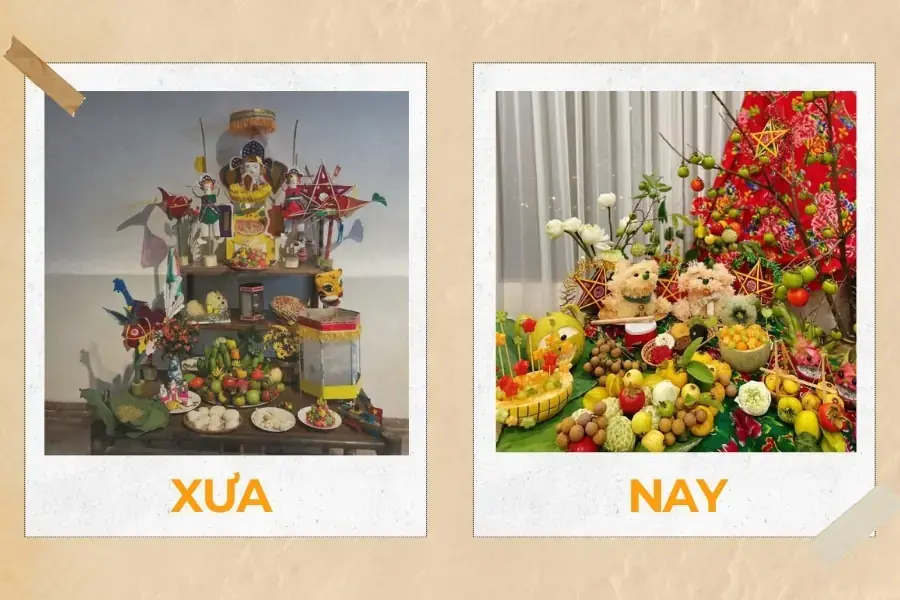 Mâm cỗ ngày nay phong phú với bánh kẹo, hoa quả và đồ trang trí đa dạng. 