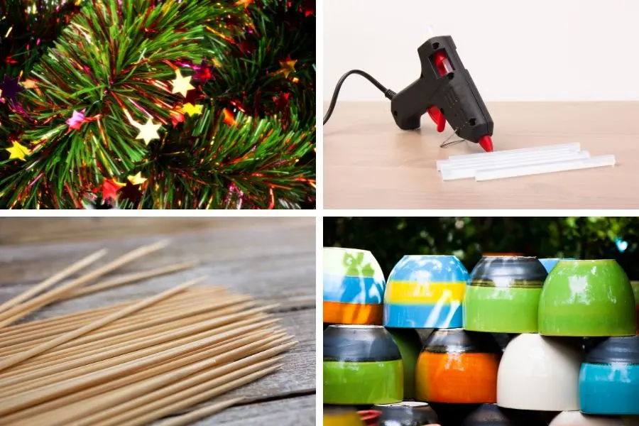 Dụng cụ và nguyên liệu làm cây thông Noel bằng dây kim tuyến sợi cứng và kẽm.