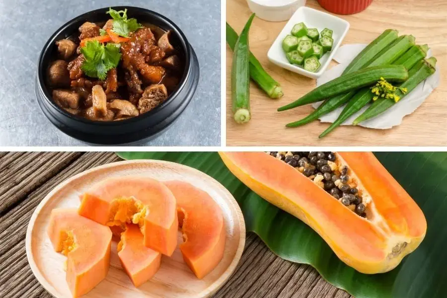 Thịt ba chỉ heo kho tiêu và đậu bắp luộc, tráng miệng với đu đủ 