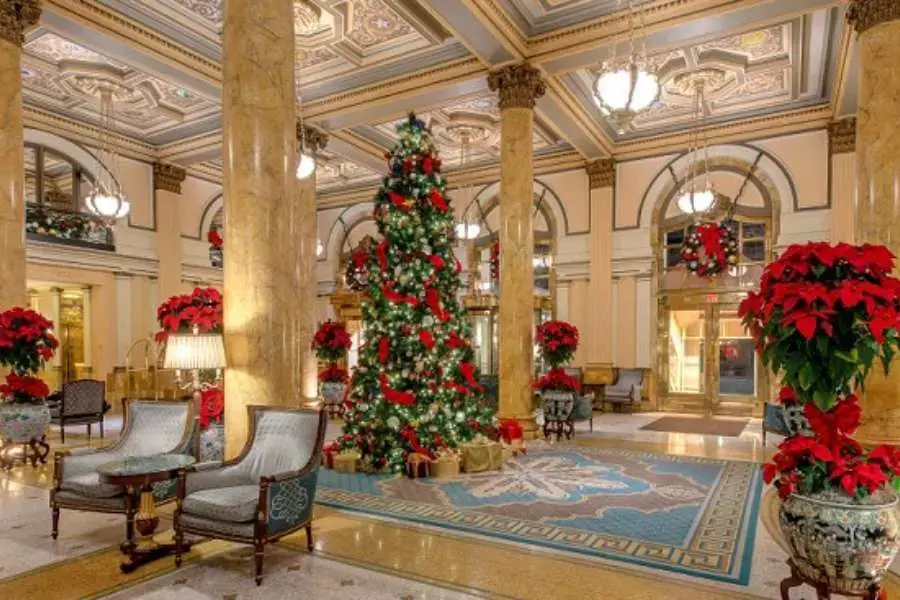 Khu vực tiền sảnh trở nên lộng lẫy hơn khi được điểm tô với một cây thông Noel lấp lánh. 