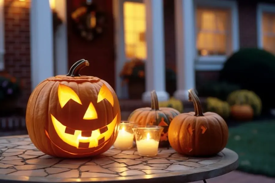 Trang trí trái bí ngô và nến trong ngày Halloween.