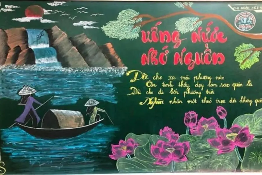 Tác phẩm báo tường 20 11 chủ đề người lái đò với sự kết hợp hoàn hảo giữa thơ ca cùng những nét vẽ nghệ thuật.