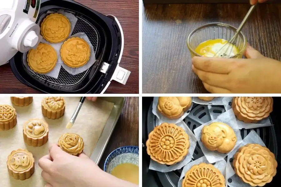 Nướng và phết vỏ bánh Trung Thu nhân dừa.