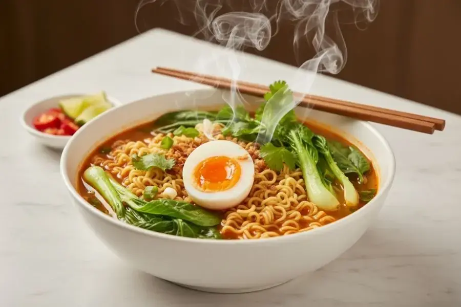 Mì gói "nâng cấp" với trứng trần và rau xanh.