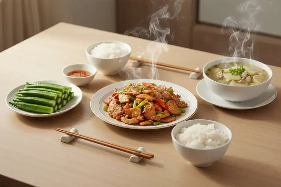 Thịt heo xào sả ớt - Đậu bắp luộc - Canh bầu.