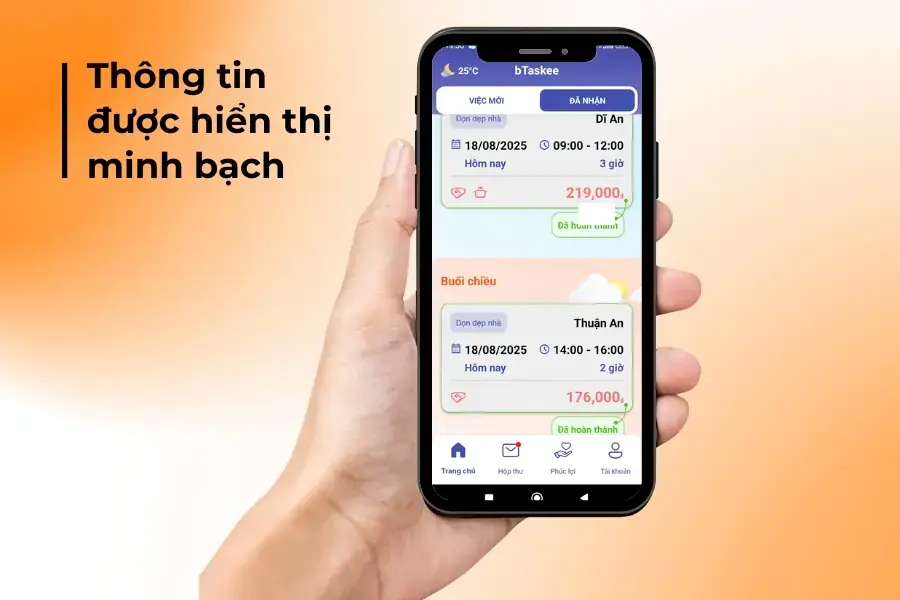 Mọi thông tin về thời gian, giá trị công việc đều được hiển thị trên ứng dụng.