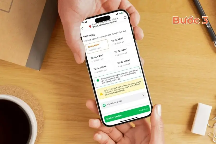 Chọn thời lượng và diện tích cần dọn dẹp tại Đà Lạt.