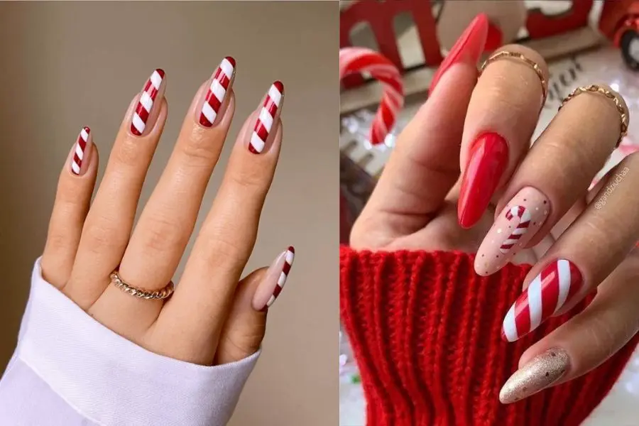 Bộ nail Noel xinh xắn với họa tiết kẹo gậy.
