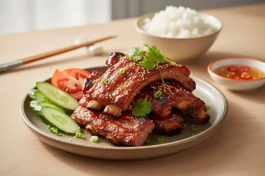Sườn nướng tảng sốt BBQ đậm đà.