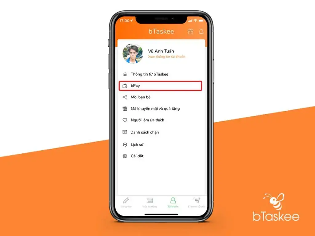 Trong mục "Tài khoản" bạn chọn "bPay" Ảnh: bTaskee.com)