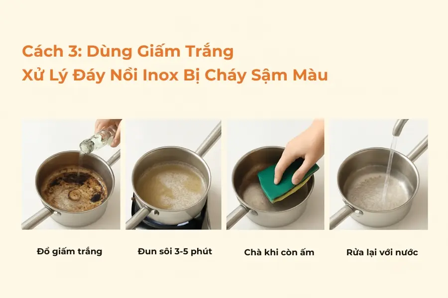 Dùng giấm trắng đun sôi cho nồi inox bị sậm màu.