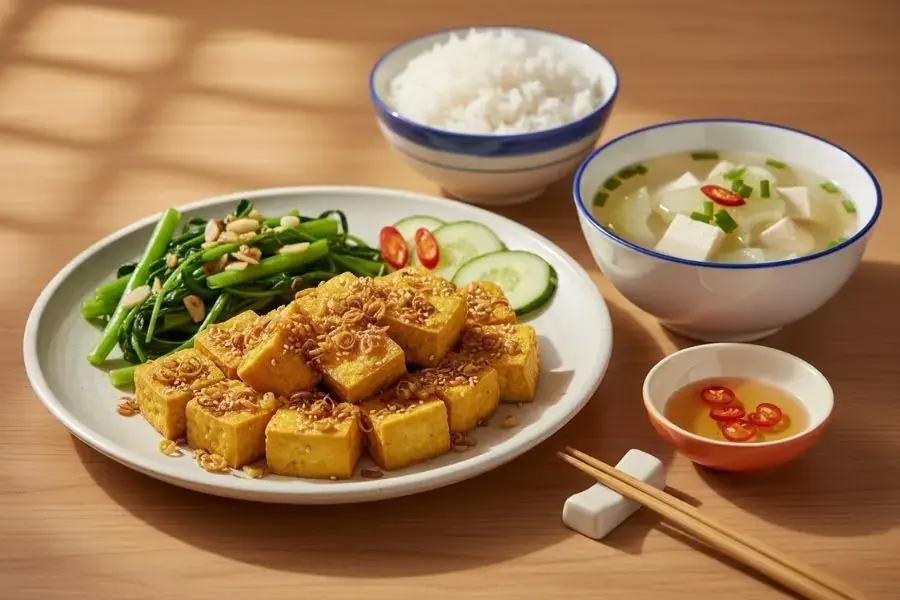 Mâm cơm chay: Đậu hũ chiên sả và canh bí.