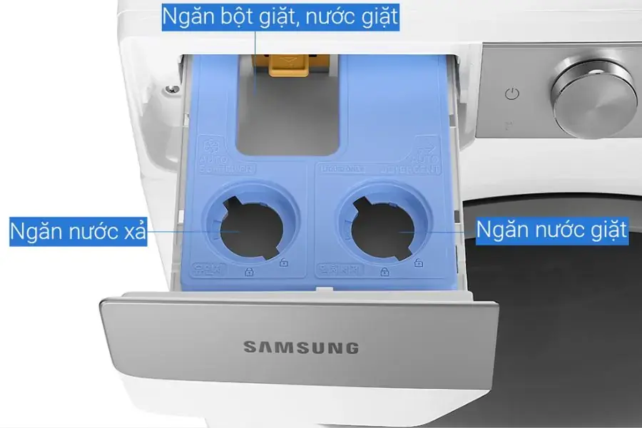 Tính năng ngăn chứa nước giặt xả AI Dispenser thông minh giúp tự động phân phối lượng nước giặt và nước xả dựa trên khối lượng quần áo.