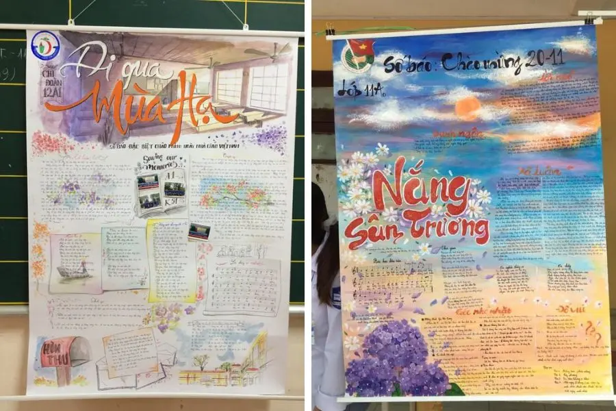 Hai mẫu trang trí báo tường 20 11 được đầu tư mạnh về mặt hình thức và nội dung với những đoạn thơ tri ân Thầy cô.