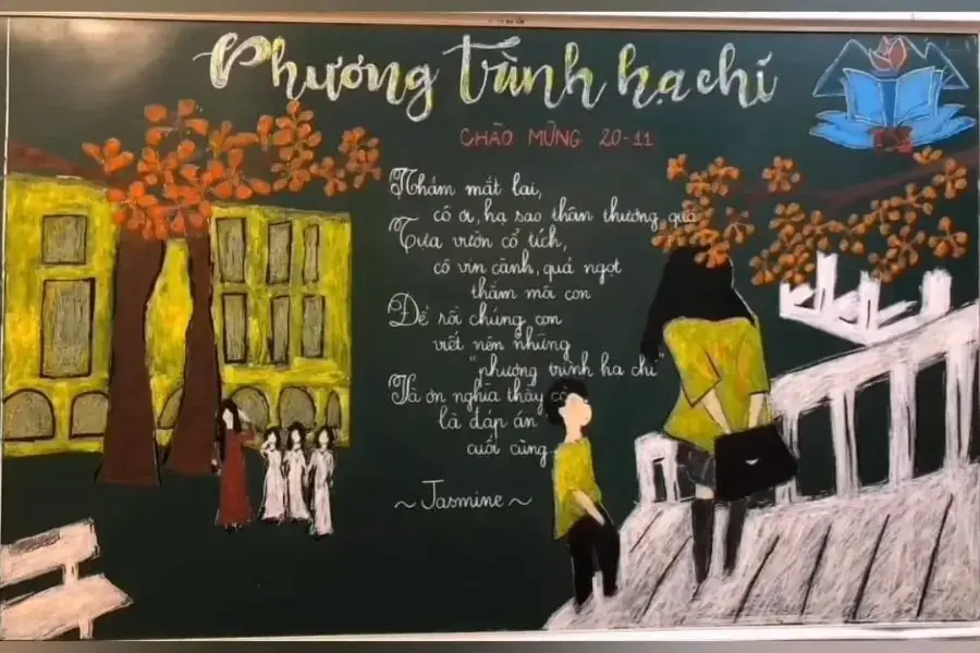 Mẫu trang trí bảng lớp ngày 20 11 ấn tượng chủ đề “Phương trình hạ chí”.