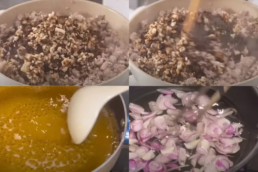 Trộn đều thịt xay, nấm hương và mộc nhĩ trong bát to.