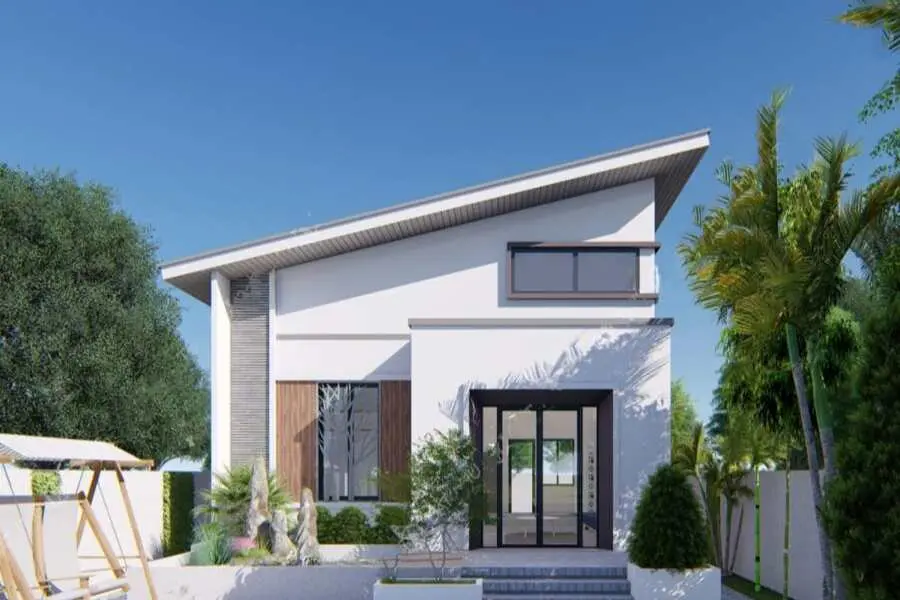 Mái lệch tạo ra một diện mạo độc đáo và hiện đại cho ngôi nhà
